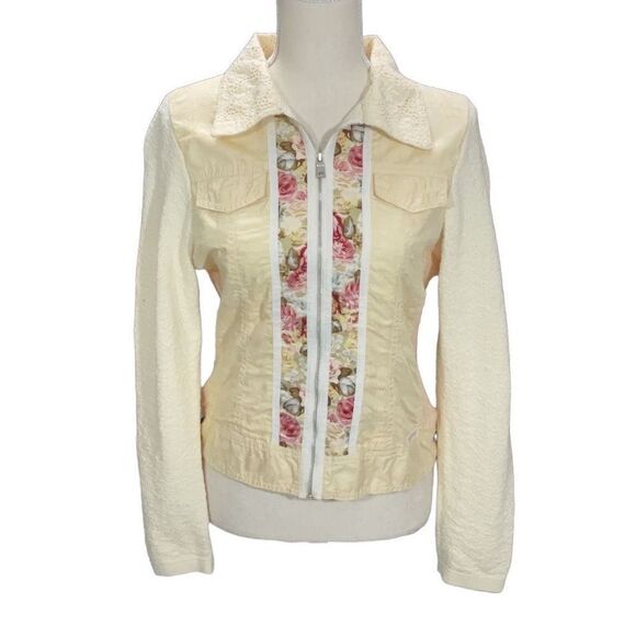 VTG Blue Willi’s Yellow Full Zip Floral Danish Design Collared Sweater Jacket Sm - Picture 1 of 9